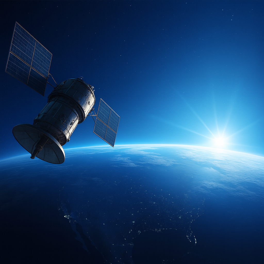 Satellite spacecraft in Earth orbit for space communications and data transmission missions